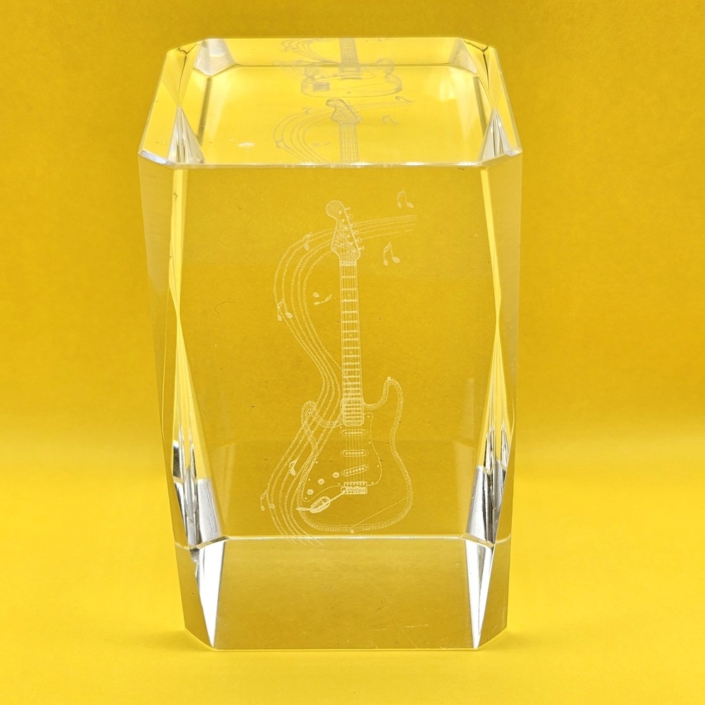 3D Laser Engraved Glass Guitar Cube Paperweight Decor Indie Rock Music Notes